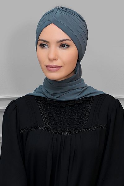 HÜRREM BONE Γκρι πρακτικό έτοιμο κουκούλα Hijab από υφασμάτινο κορώνα κορώνα σιφόν κασκόλ 1208a_15