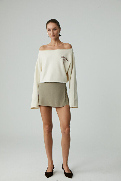 ETHIQUET CARIBOU Kadın Asimetrik Yakalı Şardonsuz Tek Omzu Açık Baskılı Ekru ...