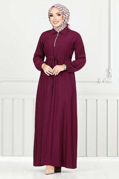 ModaMerve Karin Dress with Half Zipper 2523Hbs932-M Burgundy