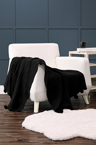 FAVORA Biocotton Triko Ponponlu Tv Battaniyesi - Siyah