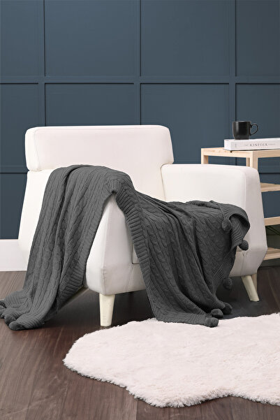 FAVORA Biocotton Knitwear Pompom Knitted TV Blanket - Anthracite