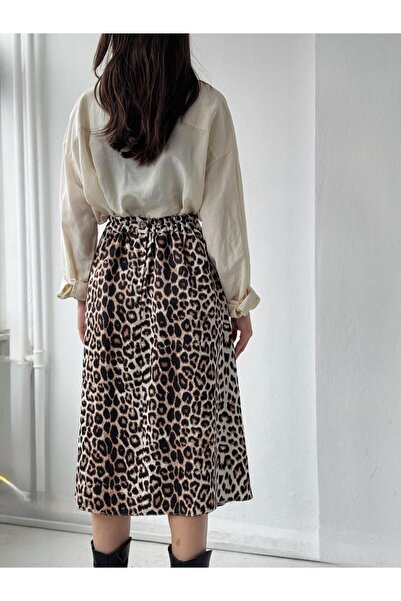 Retrobird Fusta midi din satin cu model leopard de damă - Luna