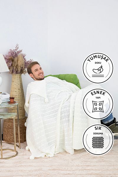 FAVORA Biocotton Knitwear Pompom Knitted TV Blanket - Cream