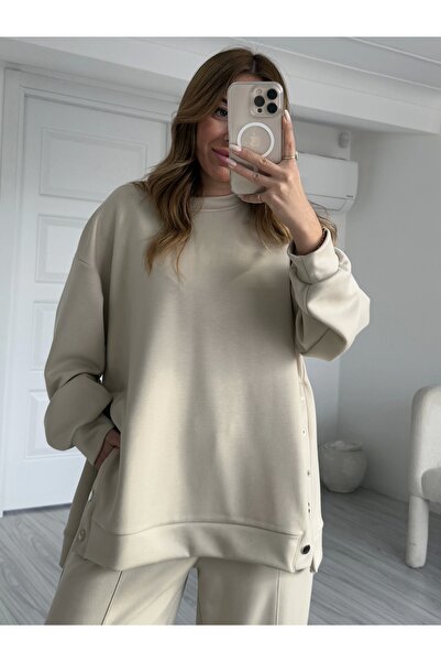 KÜBRA SÖYLEMEZ BOUTİQUE Cream Modal Set with Side Snaps