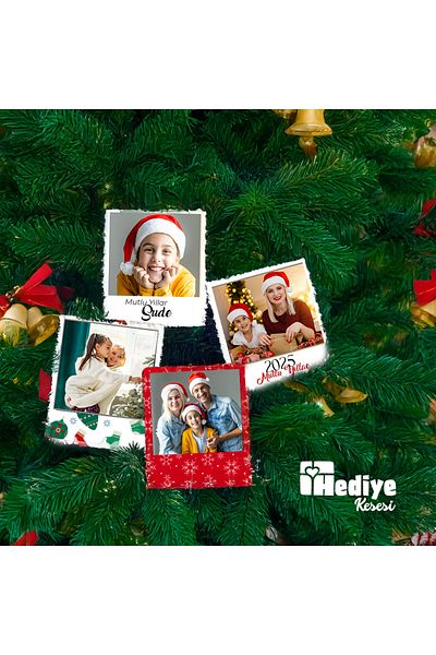 Hediye Kesesi Christmas Themed Red Pola Card - 4 Pieces