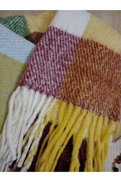 ENEFENDİ Color Checkered Puffy Shoulder Shawl - Burgundygreenyellow, Soft, Double-Sided, Winter, Warm 45X185