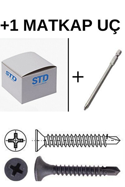 Yeni1Trend Std Matkap Uçlu Siyah Alçıpan Vidası 3.5x25 Akıllı Kara Vida 1000 Adet Ve Yıldız Uç 75mm