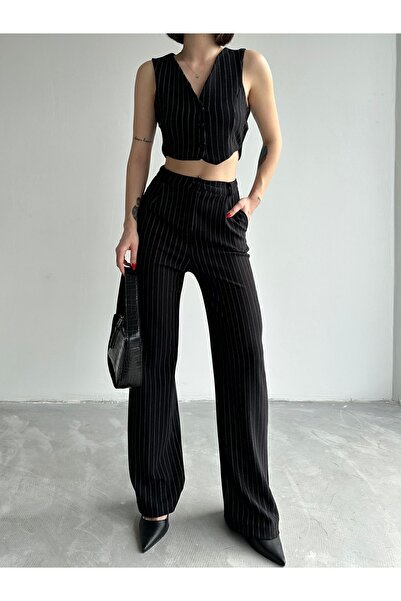 ALLİVA GİYİM بدلة نسائية قصيرة مخططة بأزرار وبنطلون Palazzo