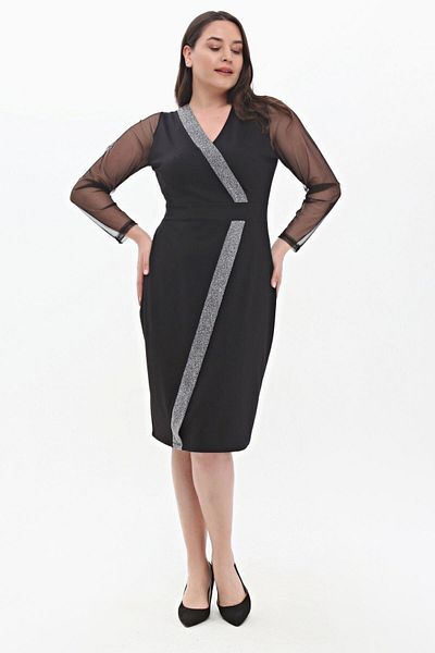 Şirin Butik Women's Black Plus Size Double Breasted Collar Glitter Stripe Detailed Dress