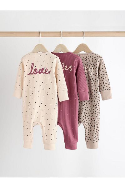 Next Baby Cotton Cream Pink Printed Zippered 3 Piece Jumpsuit Set