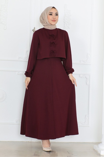 Bestenur Plum Bow Blouse and Skirt Set - 1298