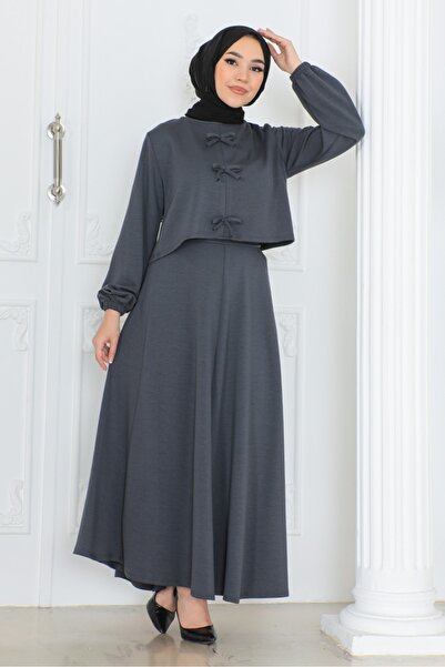 Bestenur Anthracite Bow Blouse and Skirt Set - 1298