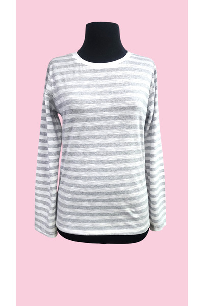 AHMERA رمادي مخطط طاقم الرقبة المرأة طويلة الأكمام الأساسية تي شيرت