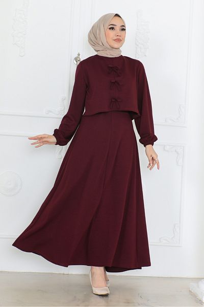 Bestenur Plum Bow Blouse and Skirt Set - 1298