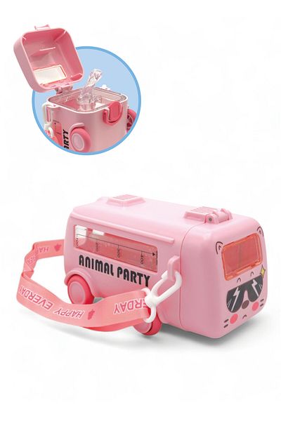 M&B WATER BOTTLE 500ml Water Bottle with Colorful Bus Design - Flask with Straw and Neck Strap