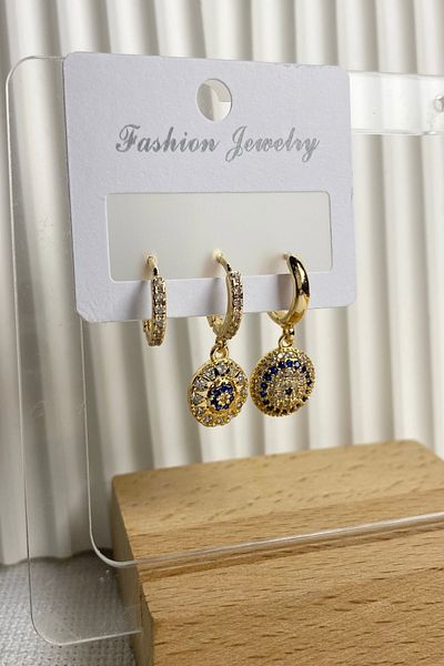 DEMOKAN Women's Earrings Vip Series Imported Zircon Stone 3-Piece Evil Eye Bead Hoop Model Tarnish-Free Earrings