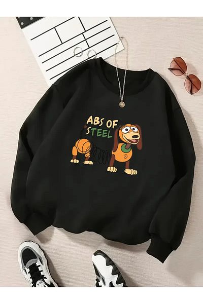 Pink Sky Black Oversize Crew Neck Abc of Steel Printed Sweatshirt