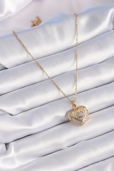 Skygo Vintage Zircon Stone Heart Model Women's Necklace - 316L Steel, Gold Color - Tj-Bko9325