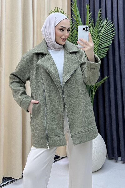 Modaensarbutik Önü Ve Cebi Fermuarlı Astarlı Buklet Ceket-HAKİ YEŞİL