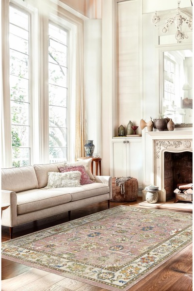 BigArts Home Pembe Çiçek Desenli Geleneksel Vintage Şönil Salon Halısı, Dokum...