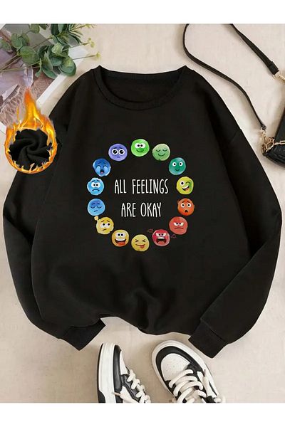 Pink Sky Black Oversize Crew Neck Printed Sweatshirt