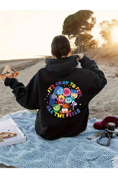 Pink Sky Oversize Hooded Black Sweatshirt - Printed Hoodie