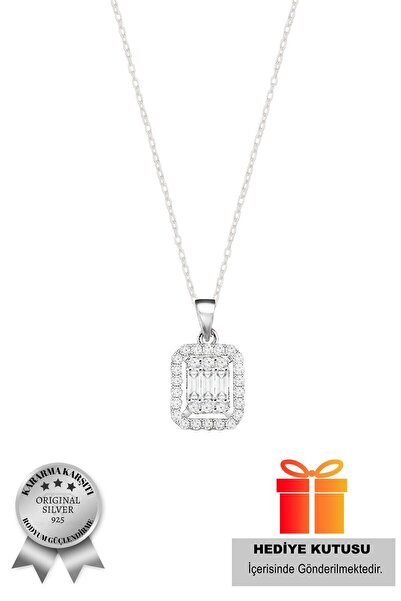 ADA LİFE GÜMÜŞ 925 Ayar Gümüş Rodyum Kaplama 3 Taş Baget Kolye (ÖZEL KUTULU)