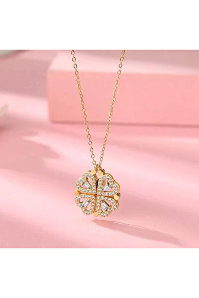 onzee accessories Mıknatıslı Açılıp Kapanabilen Gold Yonca Kolye