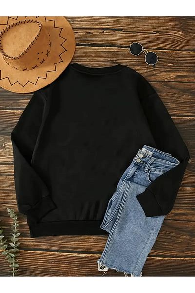 Pink Sky Black Oversize Crew Neck Abc of Steel Printed Sweatshirt
