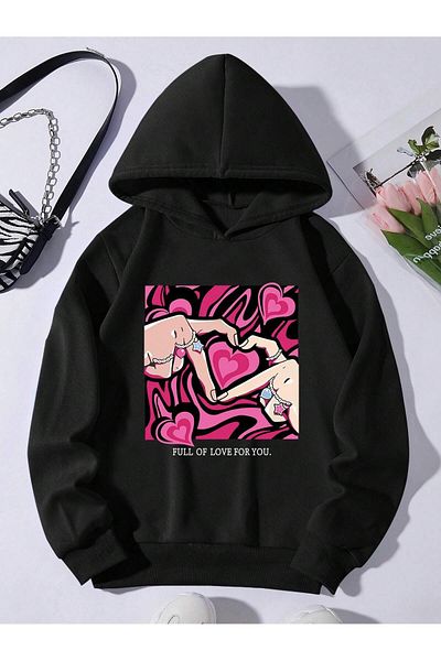 Pink Sky Μαύρο φούτερ με κουκούλα Oversize - Φούτερ με στάμπα μπροστά με καρδιά