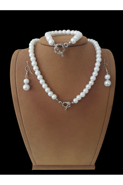 AYTENS TAKI İnci Kolye Bileklik Küpe Set Gümüş Renk O-T Klips Kapama