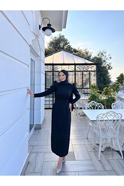 DİSE Kadın Loren Siyah Şerit Detaylı Belden Kuşaklı Tesettür Abiye Elbise