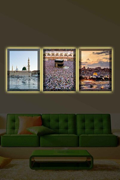 rustiktablo KABE MESCİDİ NEBEVİ MESCİDİ AKSA 3LÜ LED IŞIKLI KANVAS TABLO