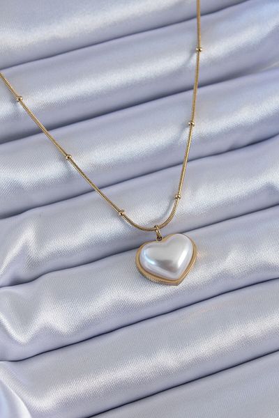Skygo 316l Steel Gold Color Pearl Heart Model Minimal Ball Detail Women's Necklace - Tj-bko7615