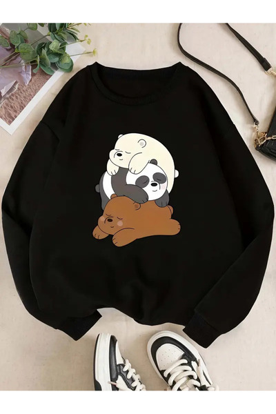 Pink Sky Hanorac negru oversize cu guler rotund cu imprimeu urs