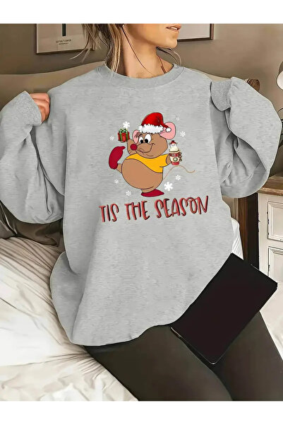 Pink Sky Γκρι Oversize Crew Neck Χριστουγεννιάτικο φούτερ με στάμπα με ποντίκι