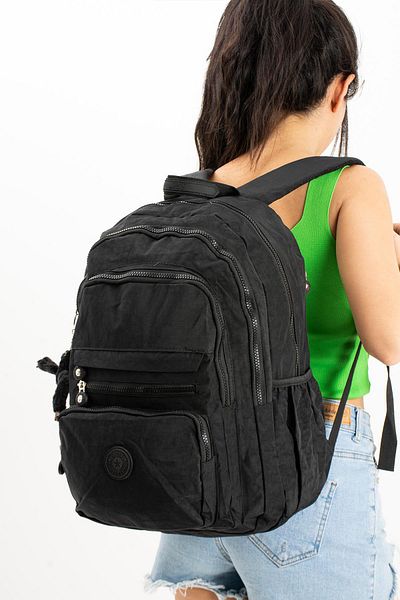 571 Collections Çanta Ultra Light Unisex Black Backpack - Multi-Pocket Crinkle (Model: 571-3B)