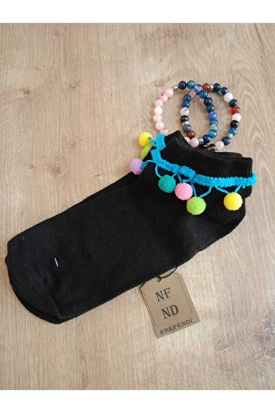 ENEFENDİ جوارب ستيب للنساء - جوارب سوداء مع بوم بوم، إكسسوارات، ناعمة بدون خي...