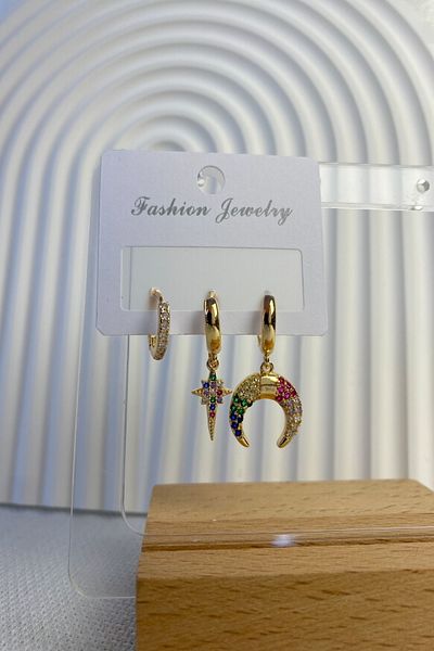 DEMOKAN Women's Special Design 3-Piece Colorful Stone Crescent Pole Star Earrings