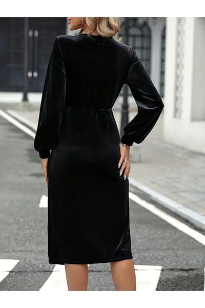 İpeksi Silky Women's Long Sleeve Double Breasted Collar Side Shirring Detail Slit Velvet Dress