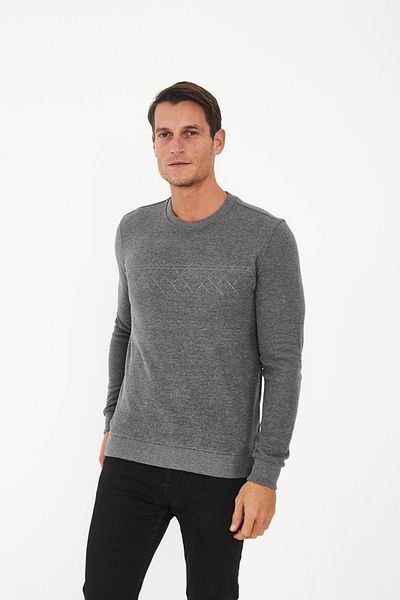 Maccali Men's Cloudfit Basic Long Crew Neck Pattern Gray Sweatshirt