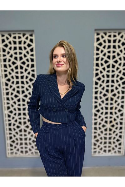 Store Premium Striped Crop Jacket - Navy Blue