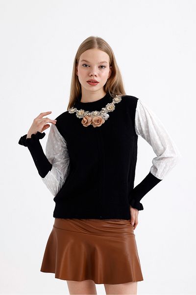 ikomteks Pulover din tricot cu mâneci brodate