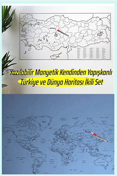 Nactumu Yazılabilir Manyetik Kendinden Yapışkanlı Türkiye ve Dünya Haritası İkili Set