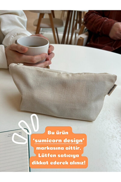 sumicorn Soft Krem Yıkanabilir Fermuarlı Tek Gözlü Bez Kalemlik Kalem Kutusu Cüzdan Makyaj Çantası