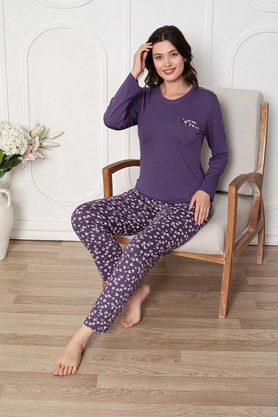 GUAVA+ Purple Flower Patterned Large Size Women's Long Sleeve Pjamas Suit