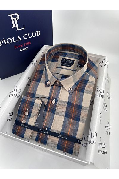Piola Club Ανδρικό πουκάμισο μπεζ καρό Slim Fit