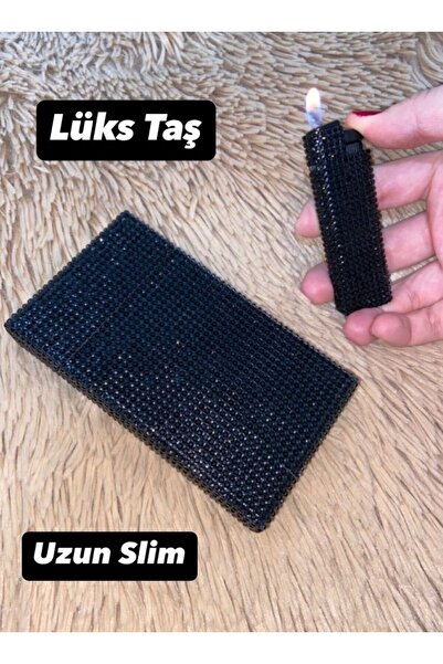 Lüks Taş yılbaşına özel Taşlı Sigara Kutusu ve Çakmak (UZUN SLİM)