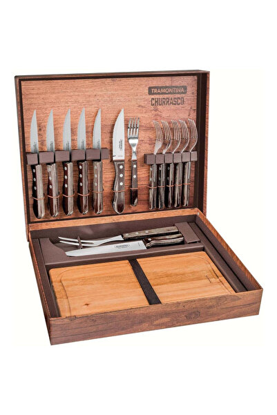 TRAMONTINA طقم شواء برازيل تشوراسكو مكون من 15 قطعة بشفرات من الفولاذ المقاوم للصدأ ومقابض من البولي وود