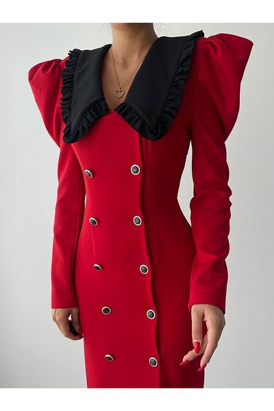 Julidress Red Ruffle Baby Collar Gold Button Midi Length Premium Cotton Dress